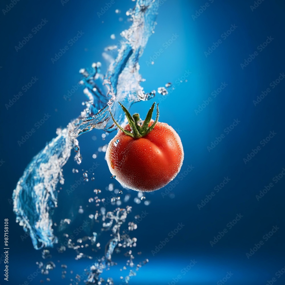 Poster a red tomato with green stems is submerged in water, creating a splash and bubbles against a blue ba