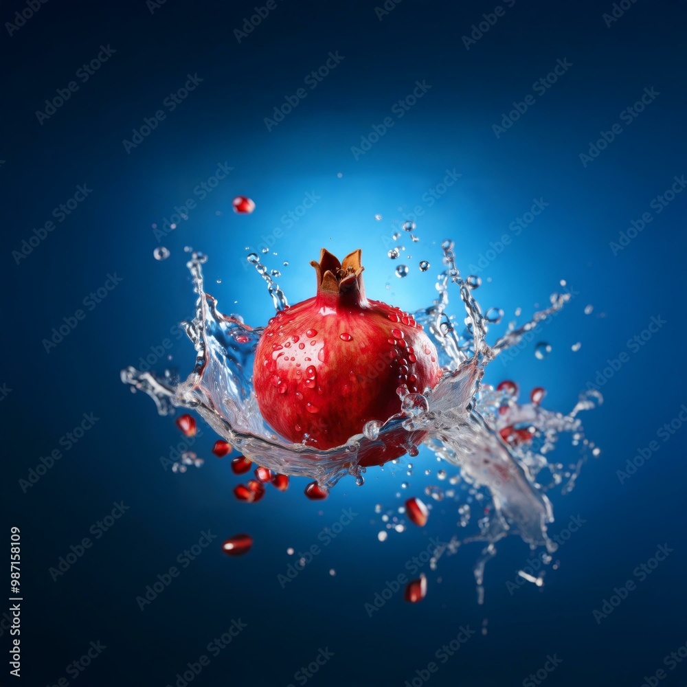 Poster a red pomegranate with water splashing around it against a blue background.