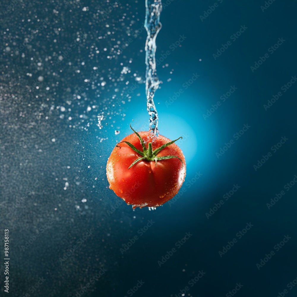 Poster a red tomato with a green stem is suspended in mid-air against a dark blue backdrop, with water casc