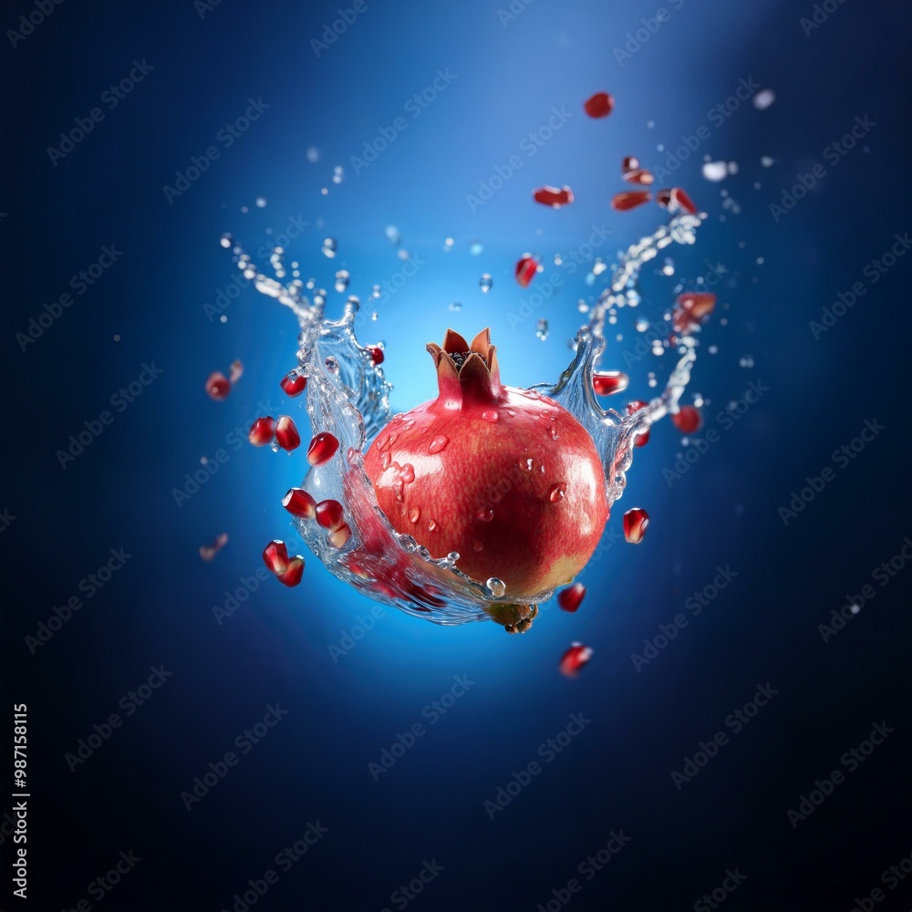 Aufkleber a red pomegranate falls into a pool of water and creates a splash with flying seeds.