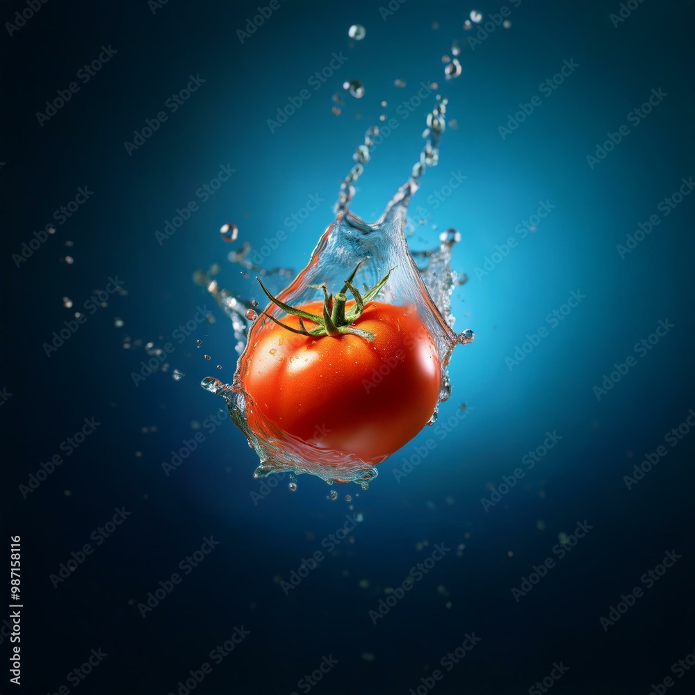Poster a red tomato with green stem falls into water, creating a splash with water droplets against a blue 