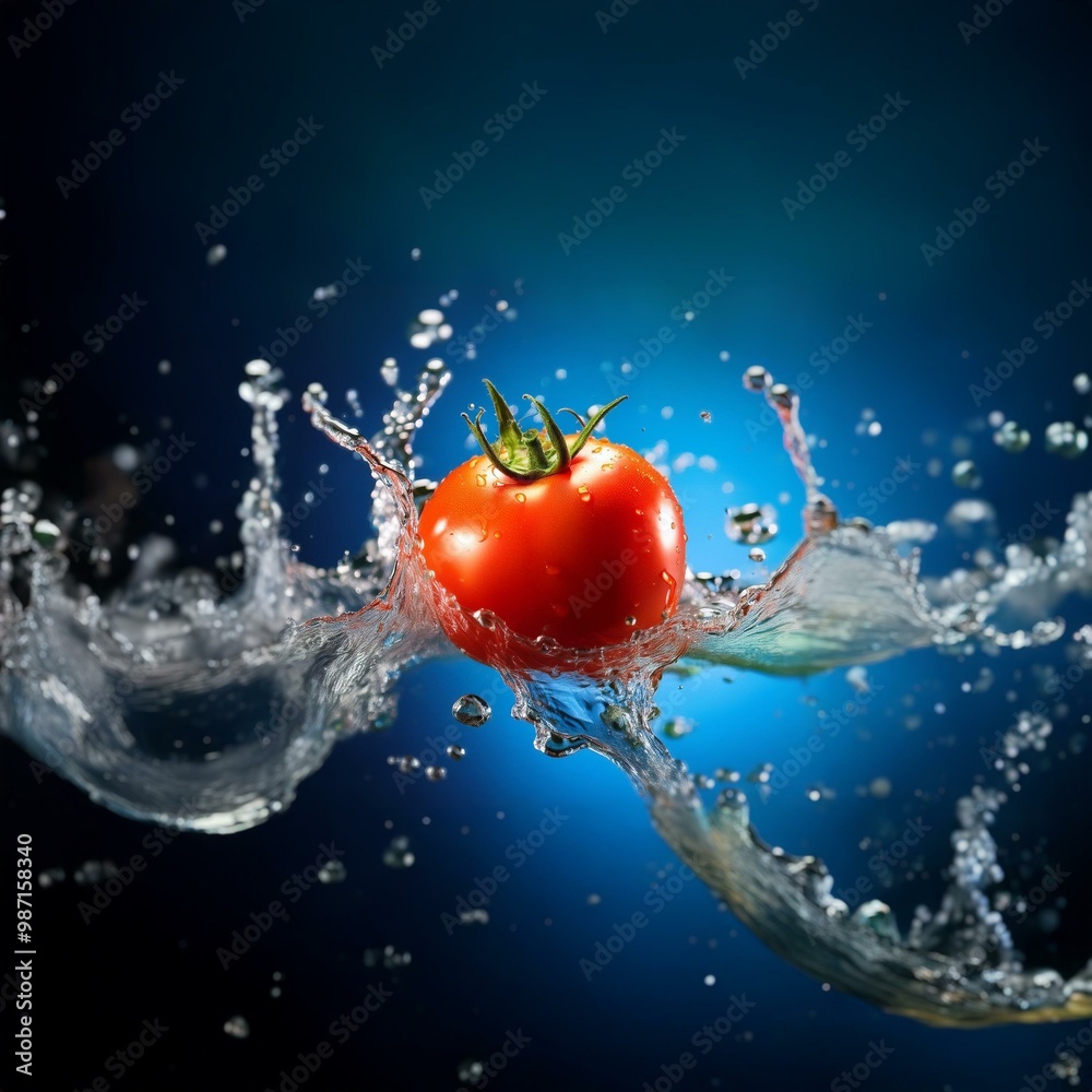Poster a red tomato falls into a pool of water, creating a large splash and numerous water droplets against