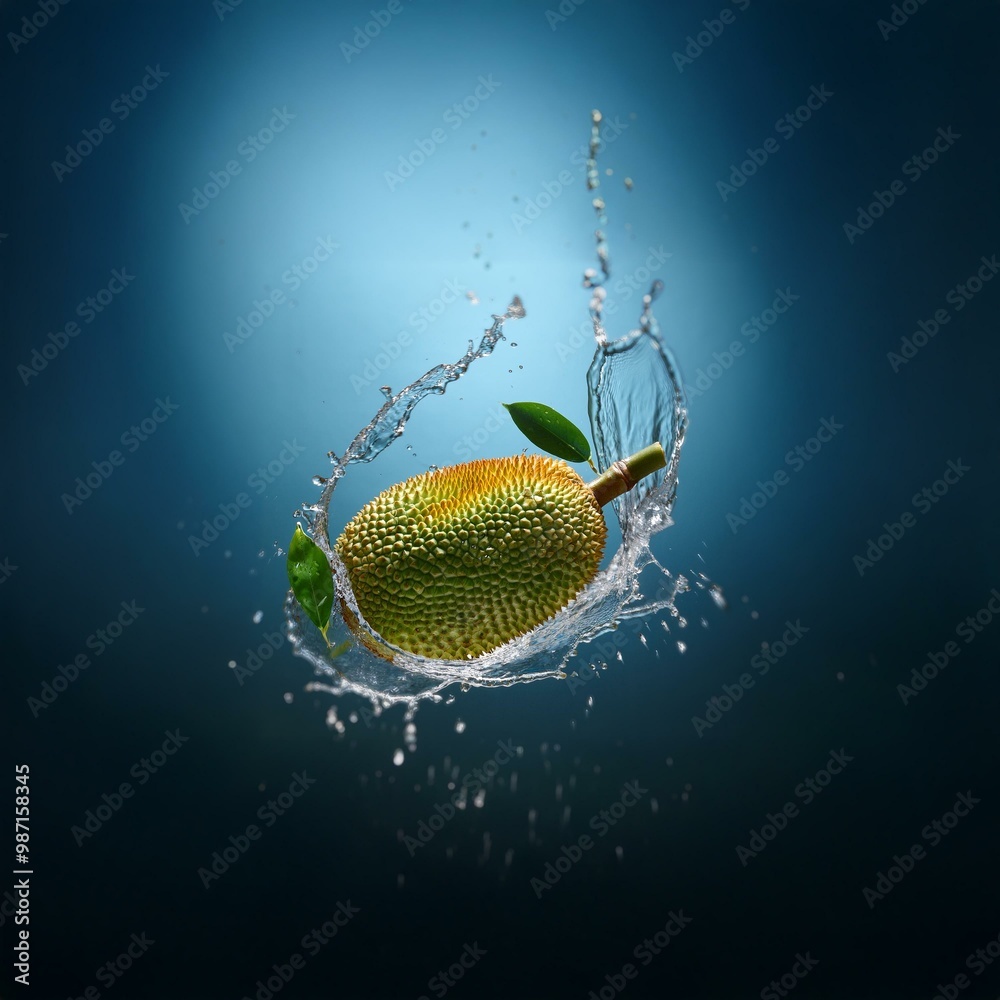 Poster a green fruit with a rough, bumpy surface is surrounded by a splash of water against a blue backgrou