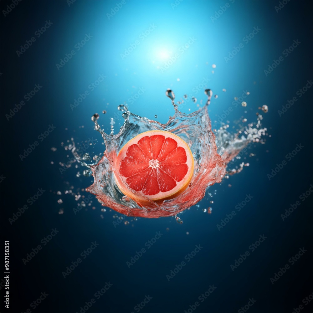 Poster A grapefruit half falls into a pool of water, creating a large splash with droplets and bubbles.