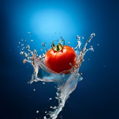 A red tomato sits in a water splash against a blue background.