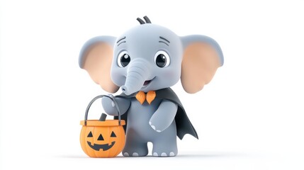 Fototapeta premium Cute Elephant in Halloween Costume Holding Pumpkin Basket