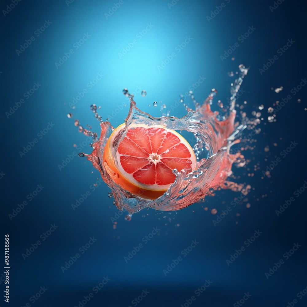 Poster a halved grapefruit falls into a blue liquid, creating a dramatic splash of water.