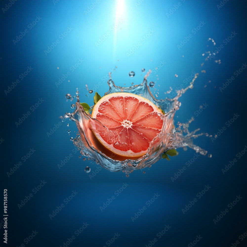 Poster a halved grapefruit with pink flesh and green leaves falls into water, creating a splash against a b