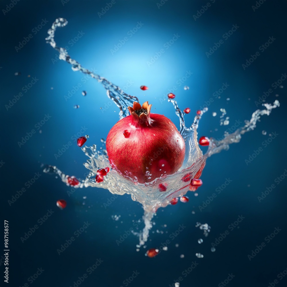 Poster A red pomegranate falls into a pool of water, creating a splash with droplets and bubbles.