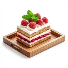 Raspberry cake on a wooden tray isolated on a white background, providing a rustic and inviting feel.