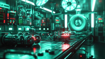 Fototapeta premium Futuristic digital control panel with glowing neon lights electronic buttons and switches in a dark abstract and technical environment It represents the concept of advanced technology automation