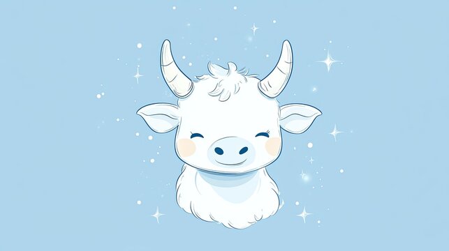 A charming character in the form of the zodiac sign Capricorn smiles warmly against a calm blue background decorated with shimmering sparkles. Children's horoscope