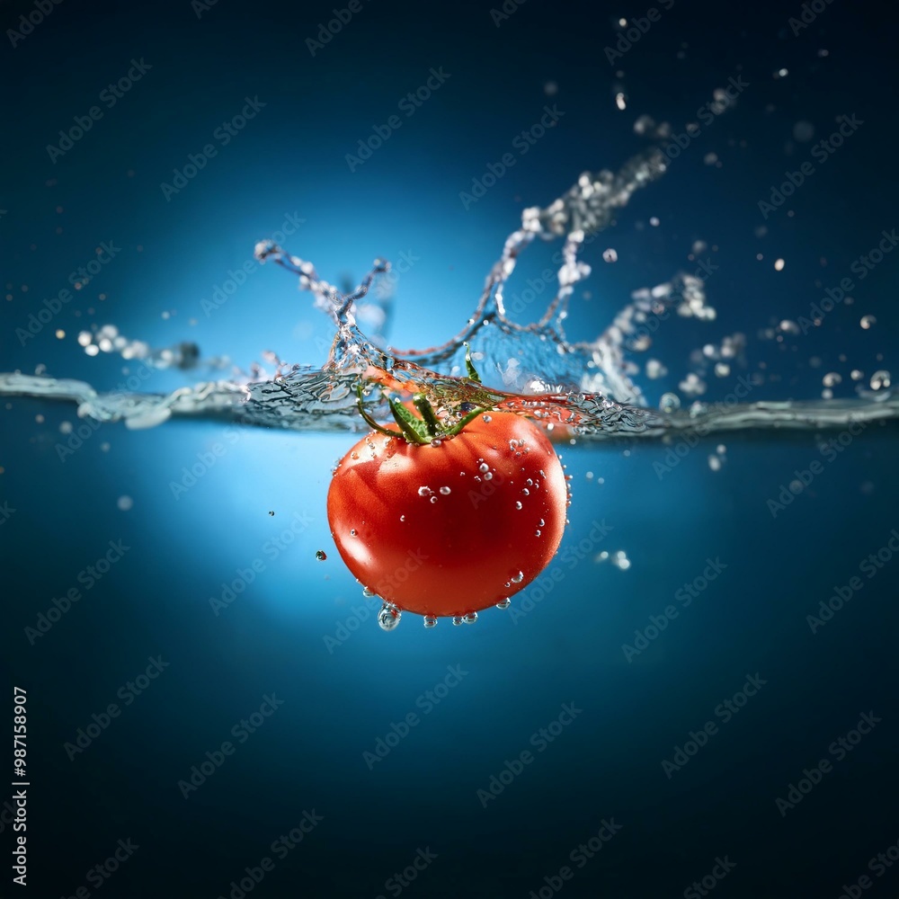 Poster a red tomato falls into a blue liquid creating a splash and a spray of bubbles.