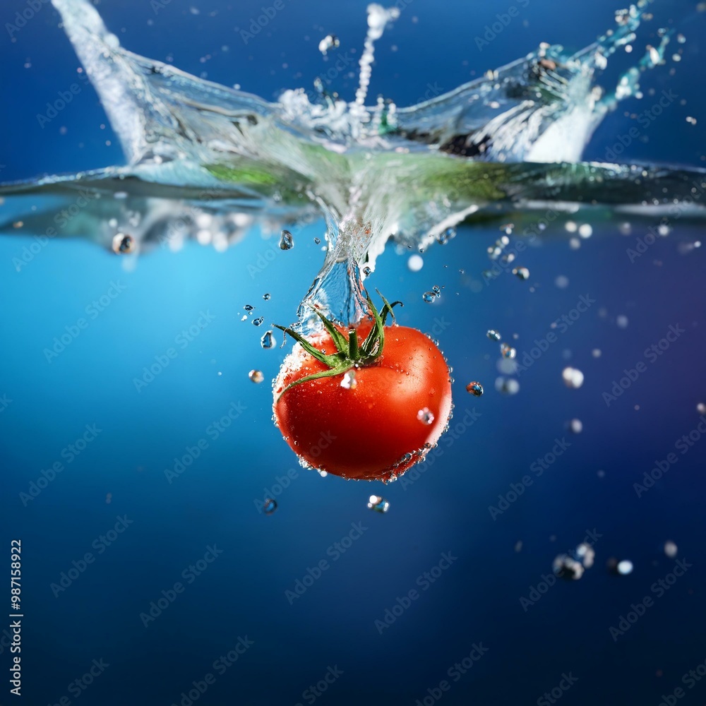 Poster A ripe tomato is submerged in water creating a splash with bubbles forming around it.