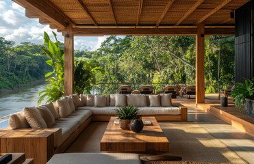 A luxurious outdoor living area in the Intersection house with wooden furniture, large couches, and a coffee table surrounded by lush tropical plants overlooking the river on one side