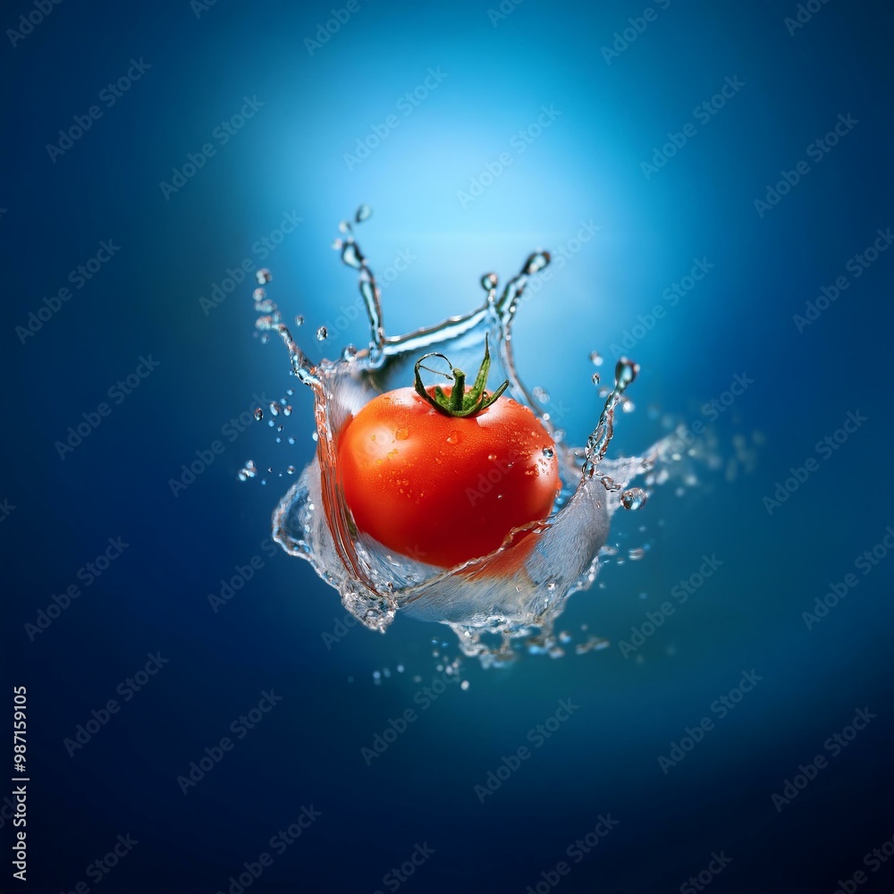 Poster a red tomato with a green stem falls into water, creating a crown-shaped splash.