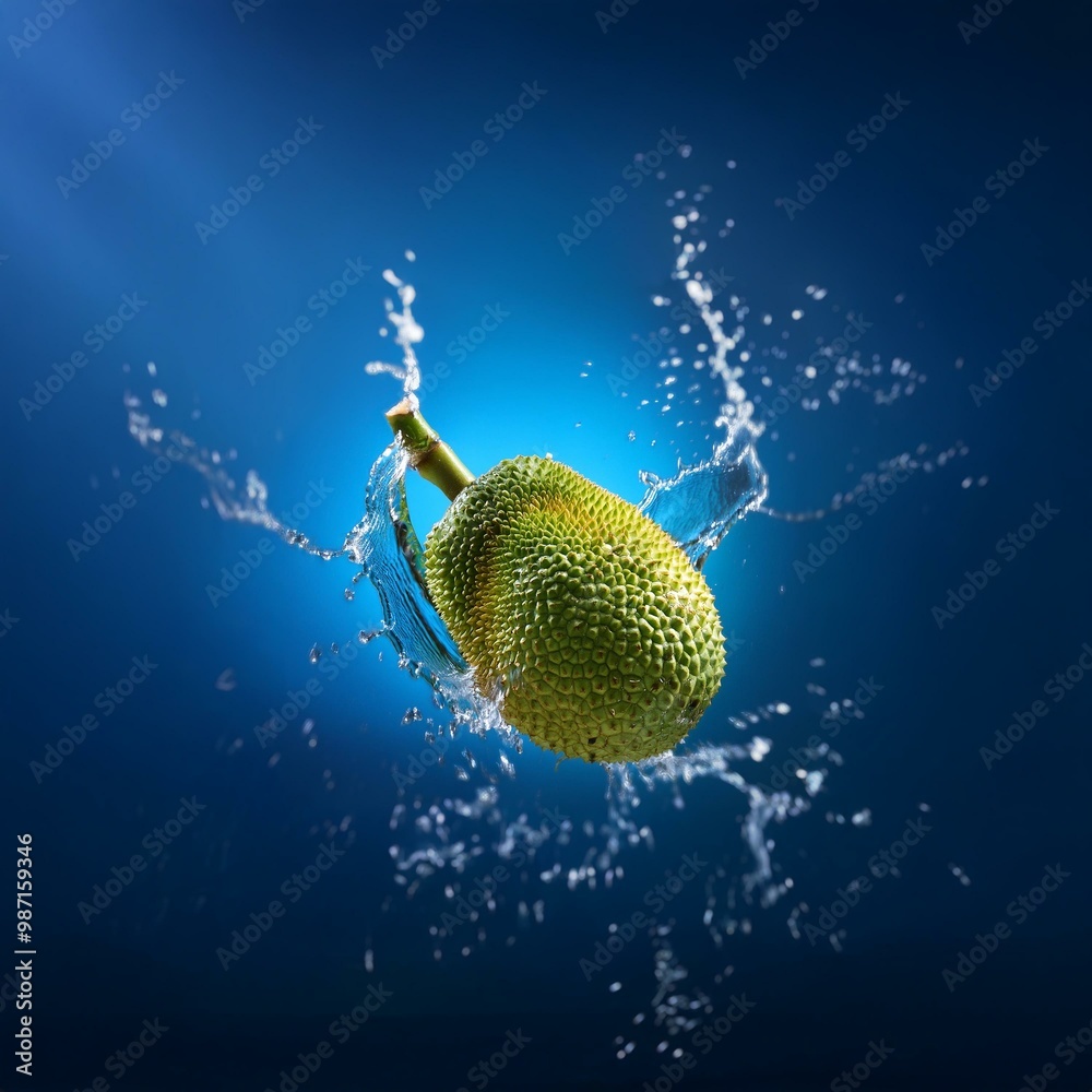 Poster a green jackfruit with a brown stem is splashing into a blue liquid creating a large splash.