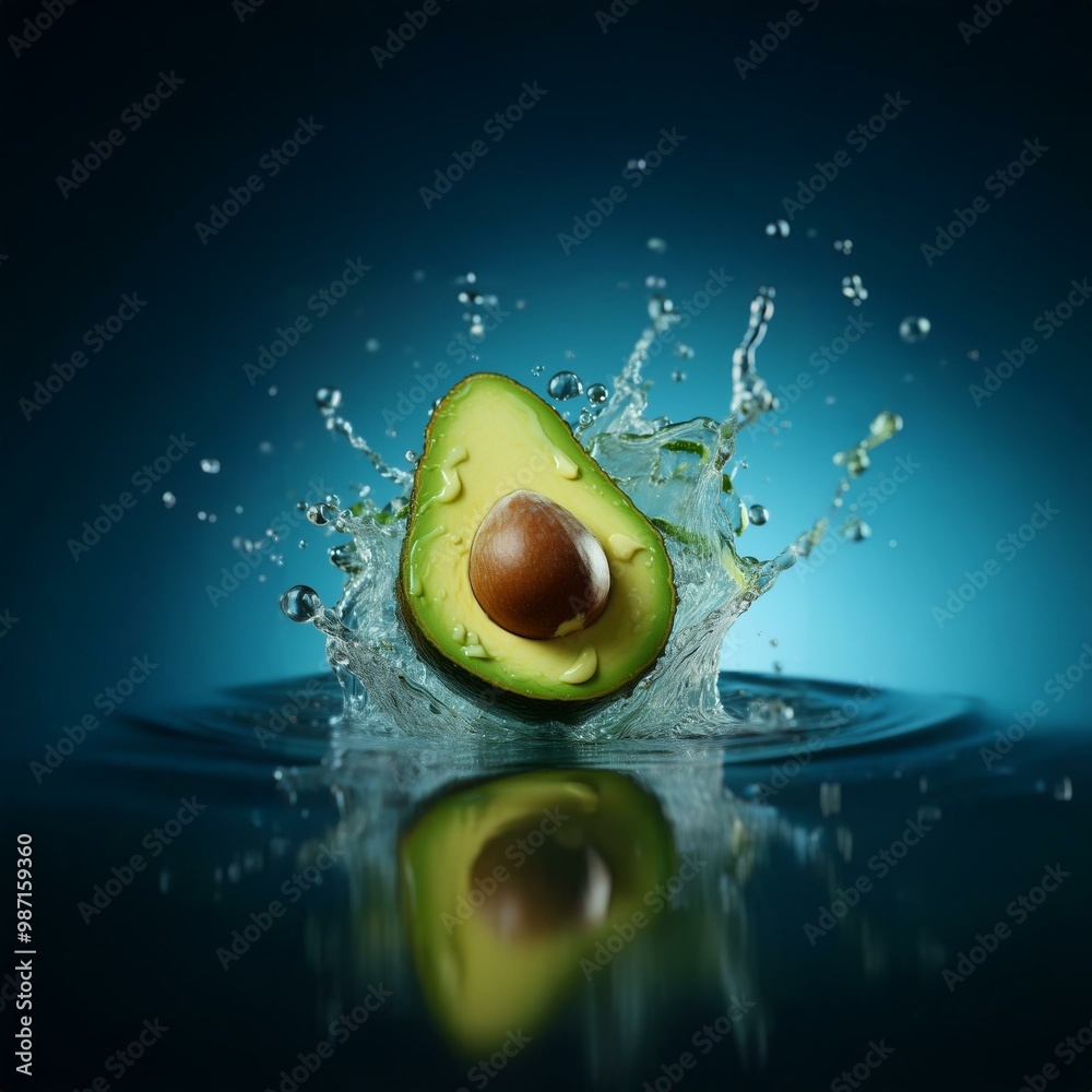 Poster a halved avocado falls into water, creating a splash and ripples.