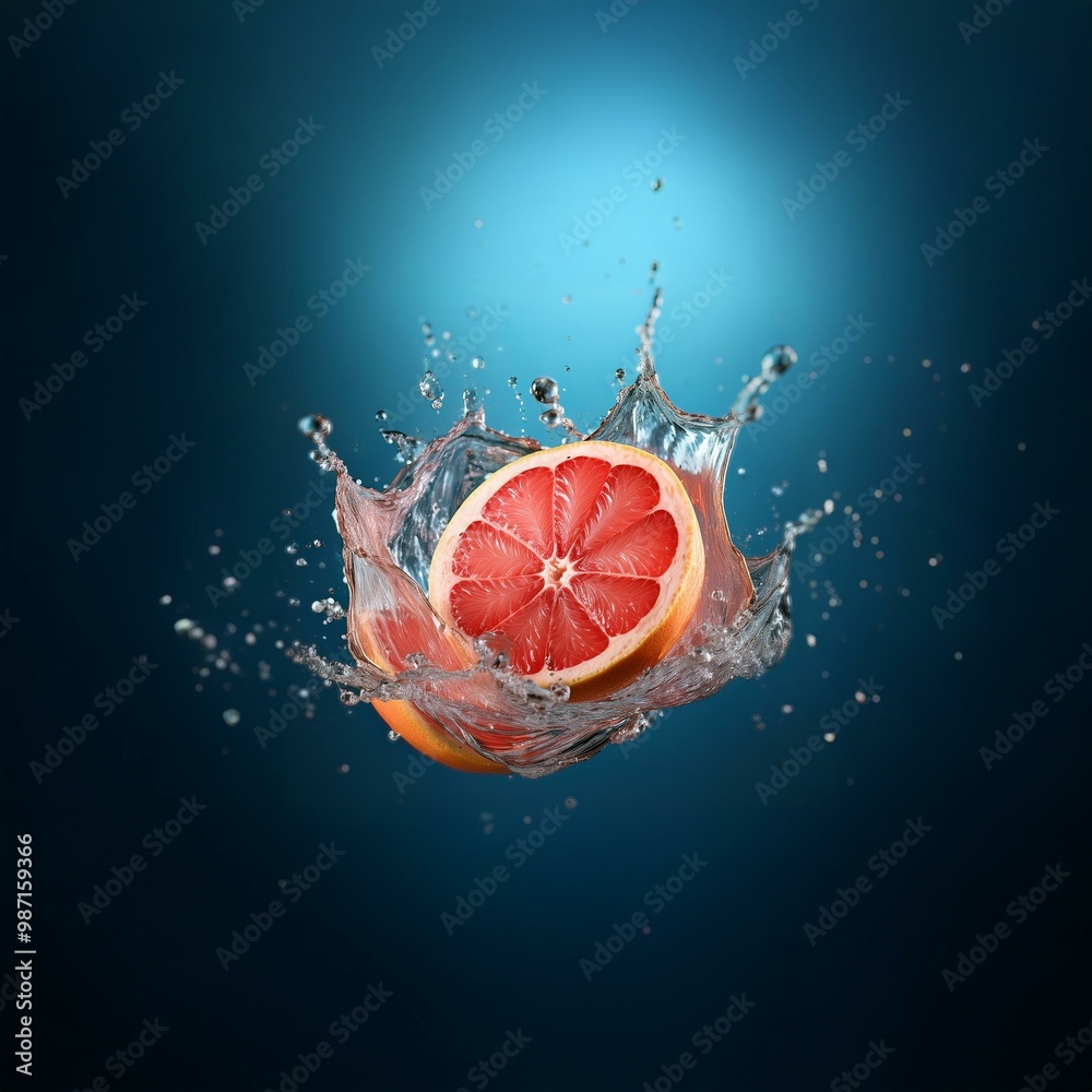 Poster A grapefruit half falls into water creating a splash with water droplets scattered around.