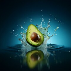 A halved avocado falls into water, creating a splash and ripples.