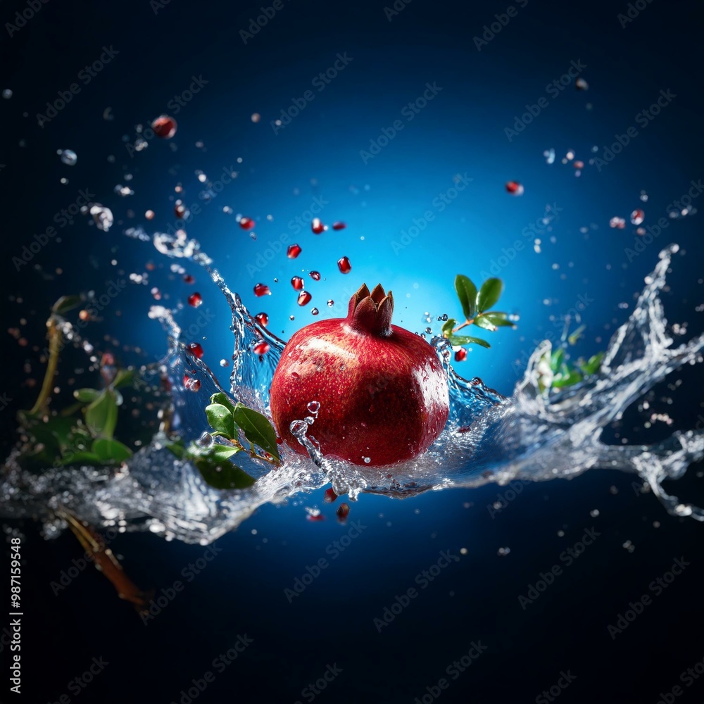 Poster A red pomegranate falls into a pool of water and is surrounded by water splashes and floating seeds.