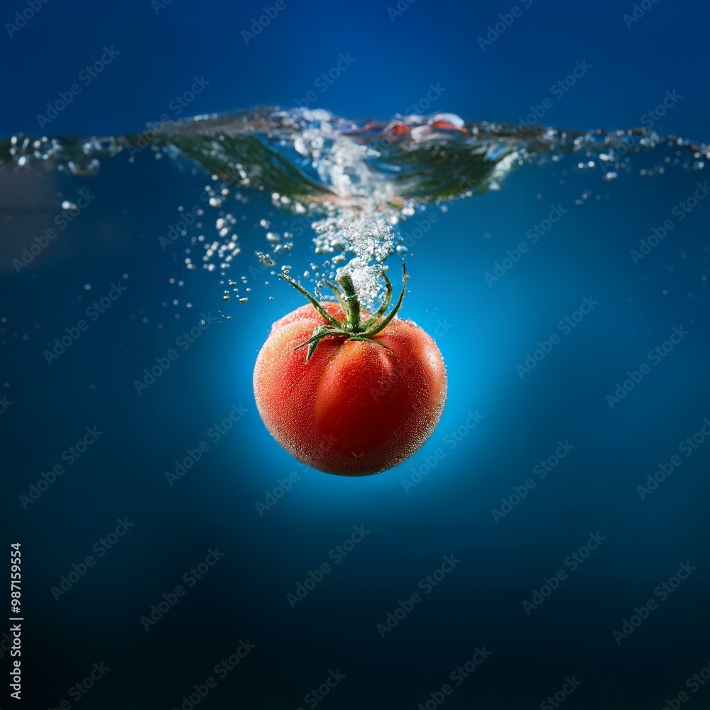 Poster a red tomato falls into a blue liquid, creating bubbles as it sinks.
