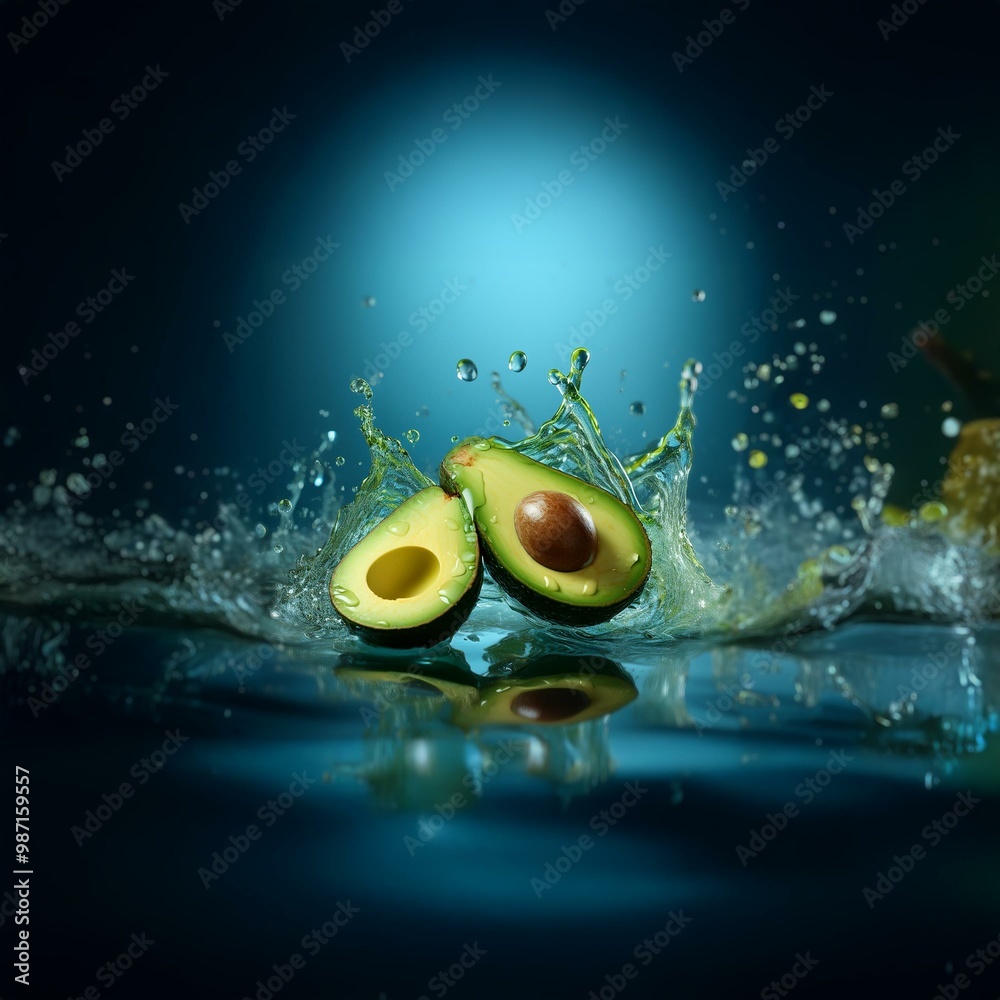 Poster two avocado halves fall into a pool of water creating a splash.