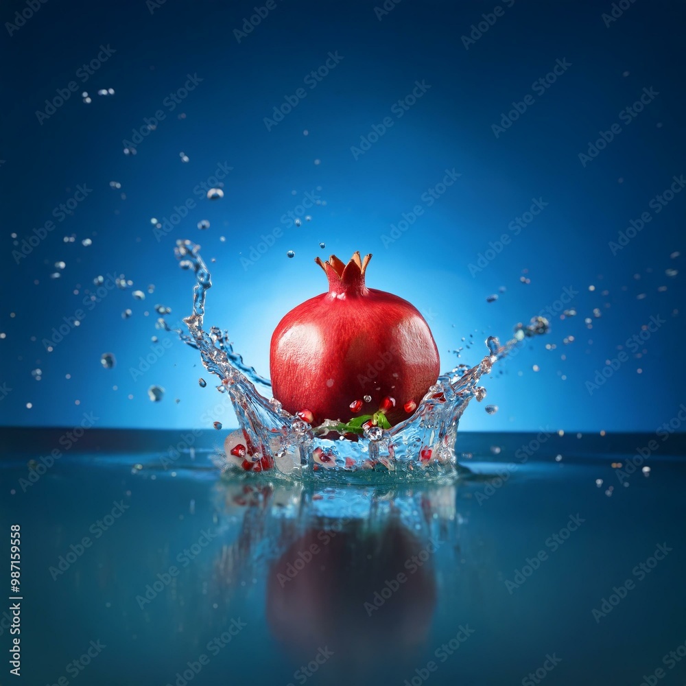 Poster a red pomegranate falls into a blue liquid, creating a splash and a burst of red seeds.
