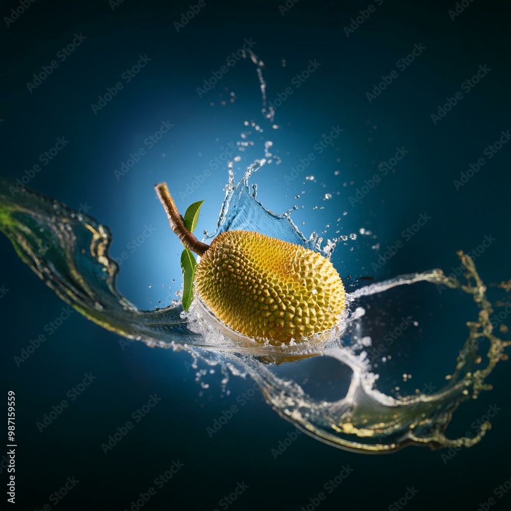 Poster a jackfruit falls into clear water, creating a splash and a swirling pattern.