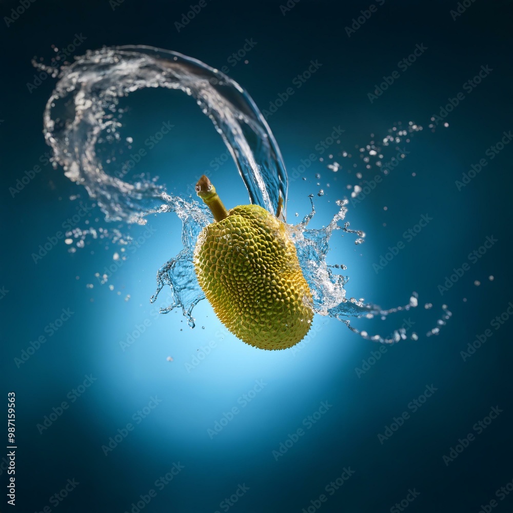 Poster A green fruit is shown in the center of an image with water splashing around it on a blue background.