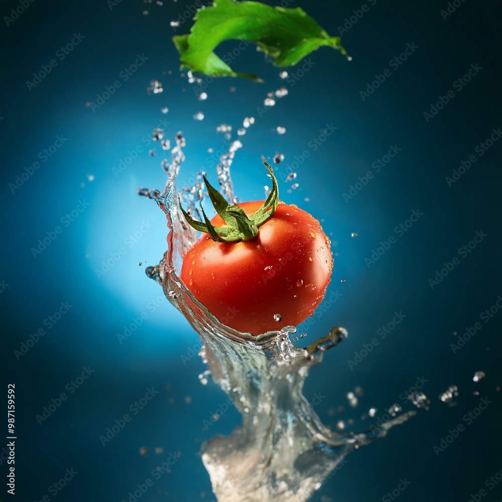 Poster a red tomato with green leaves is submerged in a blue liquid, creating a dramatic splash.