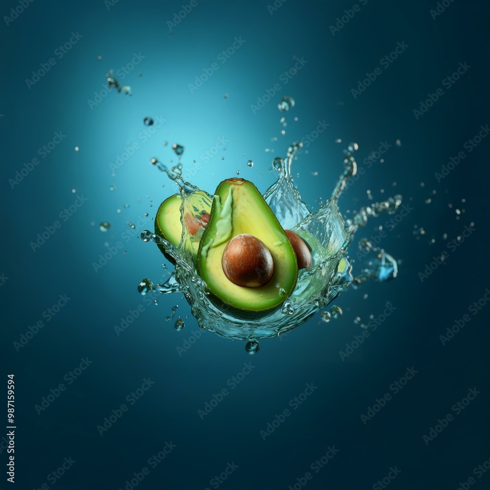 Poster Half an avocado with a pit falls into a pool of water, creating a splash of water droplets.