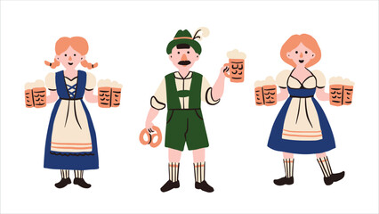 Cartoon flat waiters in folk Bavarian costumes carrying beer at the Oktoberfest festival.