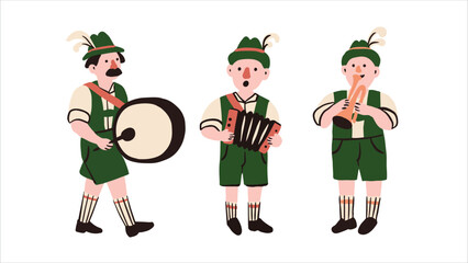 Vector illustration with cartoon musicians in traditional Bavarian costumes at the Oktoberfest festival.