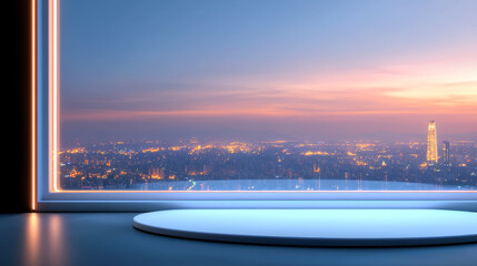 Stunning city skyline view at dusk from a modern window, showcasing urban beauty and vibrant colors of sunset.