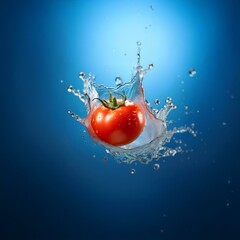 A red tomato falls into a blue liquid, causing a splash of water.