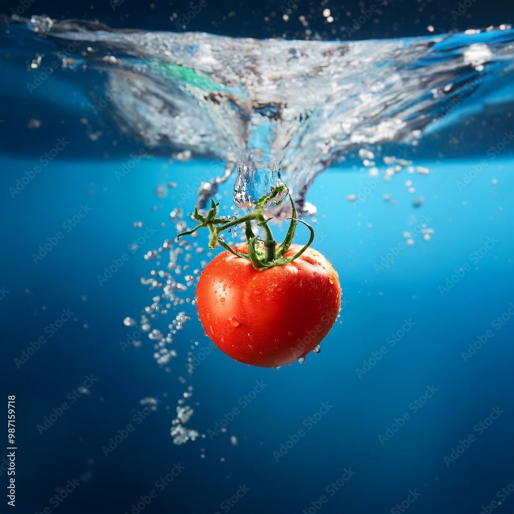 Poster a single red tomato with green stem falls into blue water, creating a splash with bubbles.