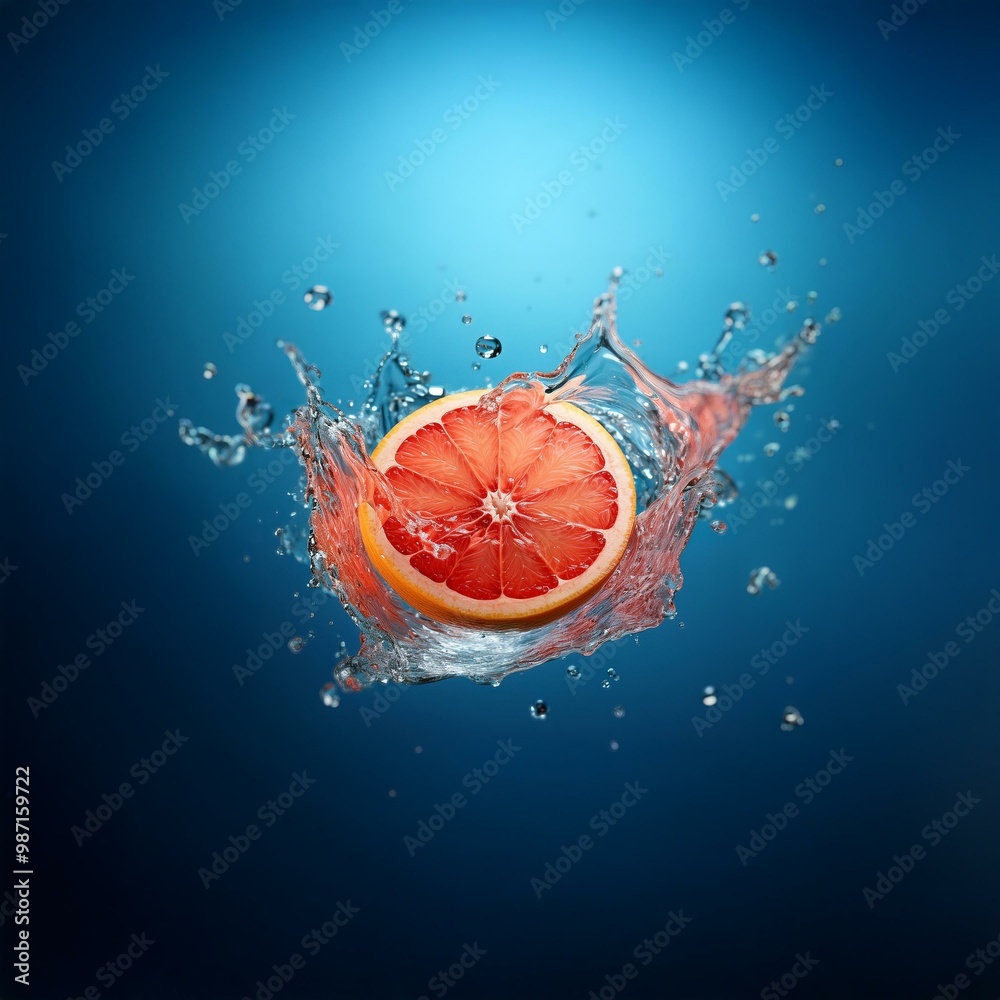 Poster A citrus fruit slice with a red center falls into water, creating a splash with droplets flying in the air.