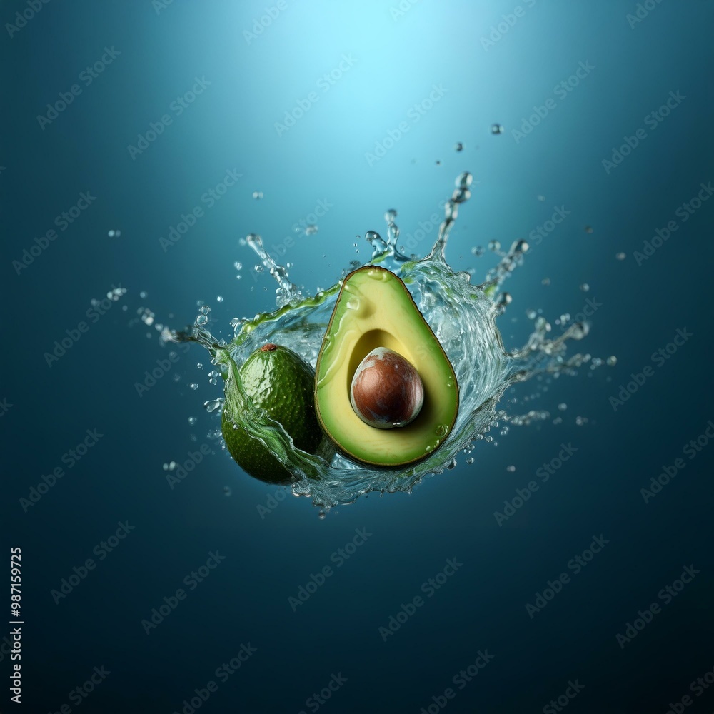 Poster an avocado and a halved avocado splash through the air with a large water burst against a dark blue 