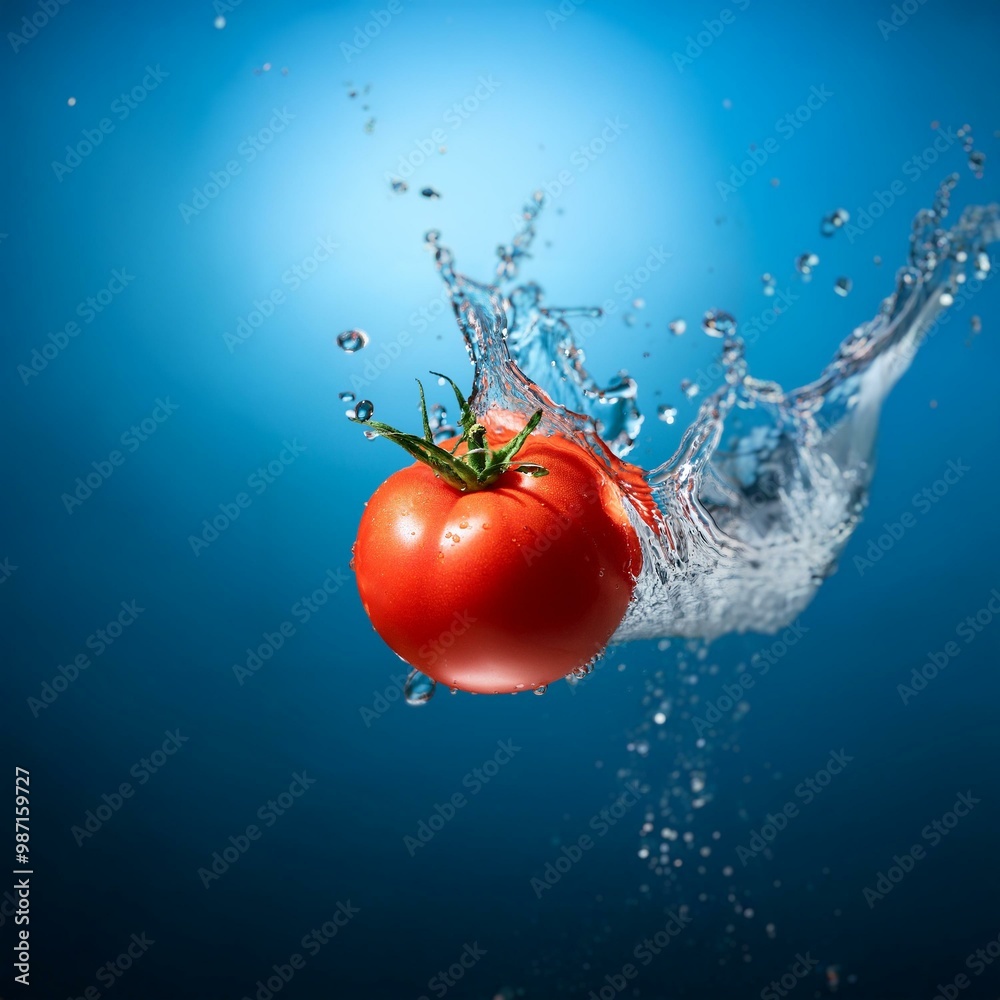 Aufkleber a red tomato falls into a blue pool of water, creating a splash with droplets flying outwards.