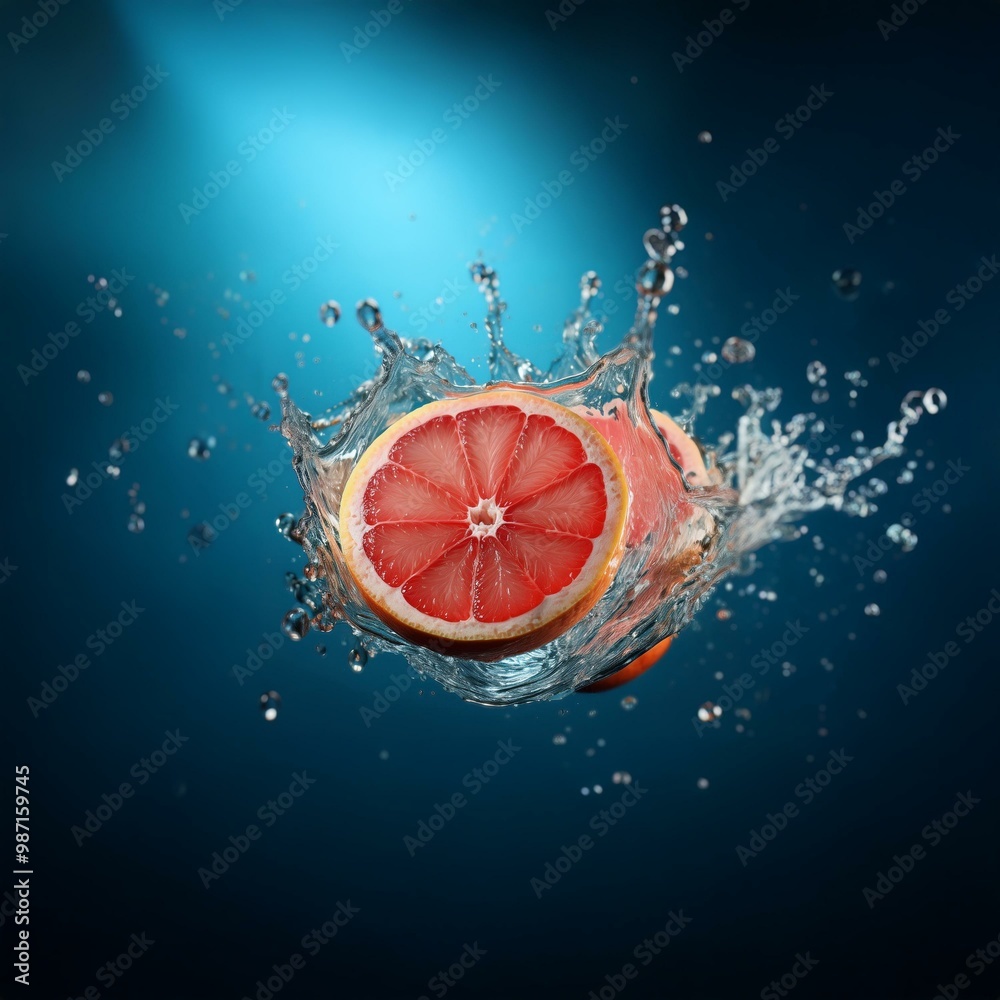 Poster a grapefruit half submerged in water, with a splash and spray of water droplets surrounding it.