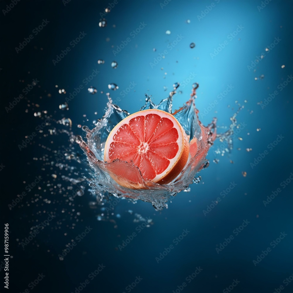 Aufkleber a half of a grapefruit falls into a clear blue liquid, creating a large splash.