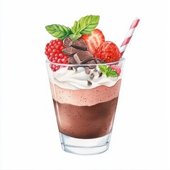 Watercolor illustration of chocolate mousse isolated on a white background, adding a sophisticated and artistic flair.