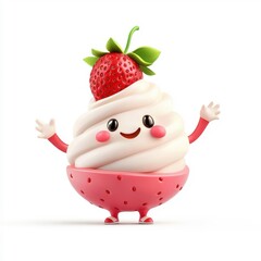 3D cartoon-style strawberry mousse character isolated on a white background, featuring a fun and playful design.