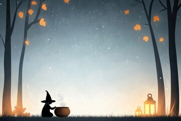 Naklejka premium Enchanting Forest Scene with Witch and Cauldron Under Starry Night Sky with Lanterns and Falling Leaves
