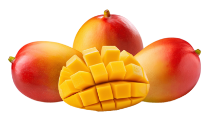 Mango Mangoes fruit, many angles and view side top front sliced halved group cut isolated on transparent backgound