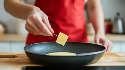 Person in red apron adding a cube of butter to a hot frying pan during cooking. Home cooking and culinary preparation in a modern kitchen.