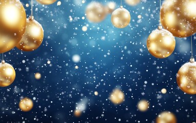 Gold Christmas ornaments hanging in the air, with snow falling against a blue background.