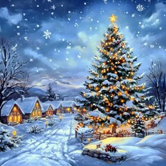 Winter Christmas tree Xmas background. Whimsical Christmas village scene with a large snow-covered tree adorned with lights, set in a picturesque snowy landscape