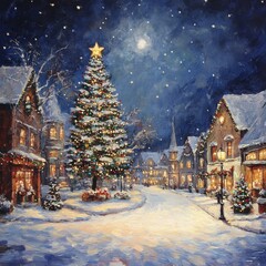 Fototapeta premium Winter Christmas tree Xmas background. Whimsical Christmas village scene with a large snow-covered tree adorned with lights, set in a picturesque snowy landscape